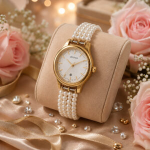 Elegant Pearl Strap Women’s Watch with Gold Finish
