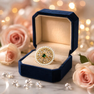 Designer Pearl Statement Ring with Green Stone Accent
