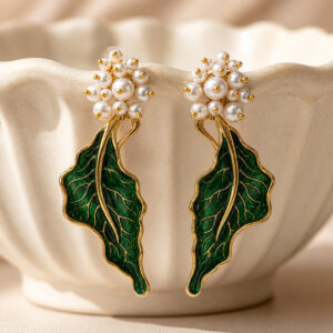 Emerald Pearl Leaf Designer Earrings
