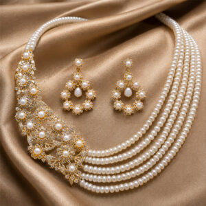 Elegant Multi-Layer Pearl Necklace Set with Floral Kundan Design