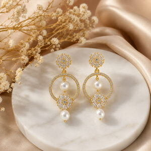 Gold-Plated Floral Hoop Pearl Drop Earrings