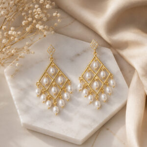Gold-Plated Diamond Shape Pearl Chandelier Earrings