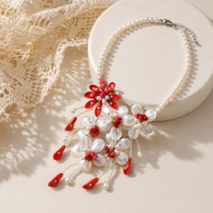 Floral Coral Pearl Statement Necklace