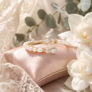 Pearl & Zircon Open Cuff Bracelet for Women (Gold Finish)