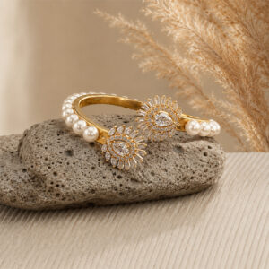 Pearl & Zircon Sunburst Open Cuff Bracelet for Women (Gold Finish)