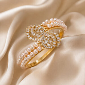 Pearl & Zircon Spiral Designer Open Cuff Bracelet for Women (Gold Finish)