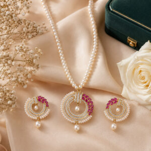 Ruby Stone & Freshwater Pearl Designer Necklace Set