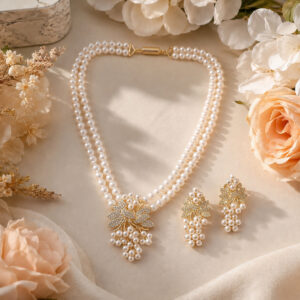 Double Layer Pearl Necklace Set with Floral CZ Pendant & Earrings