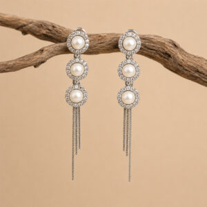 925 Sterling Silver Triple Pearl & semi precious stone Tassel Drop Earrings for Women
