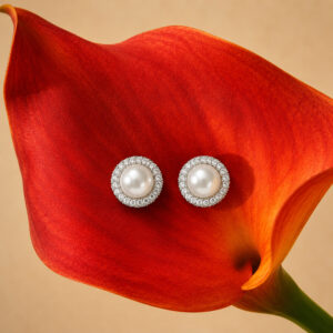 925 Sterling Silver Freshwater Pearl Halo Stud Earrings with Semi-Precious Stones for Women | Classic Round Push-Back Earrings | Party, Wedding & Daily Wear
