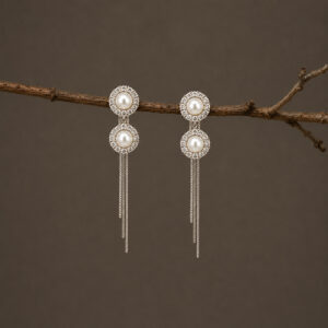 925 Sterling Silver Freshwater Pearl Tassel Drop Earrings with Semi-Precious Stones for Women | Elegant Halo Chain Earrings | Party, Wedding & Daily Wear
