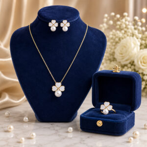 Gold Polished Clover Pearl Pendant Set with Ring for Women