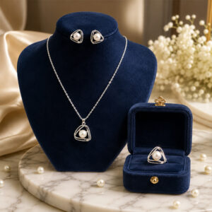 925 Sterling Silver Geometric Freshwater Pearl Pendant Set with Ring for Women