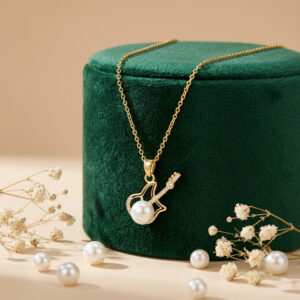 Gold Polish Guitar Pendant Necklace with Freshwater Pearl for Women