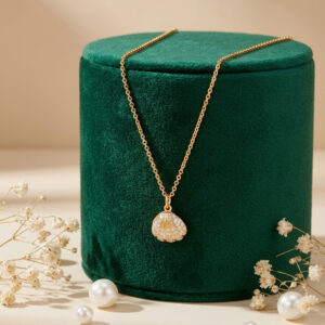 Gold Polish Seashell Pendant Necklace with Semi-Precious Stones for Women