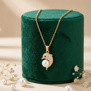 Gold Polish Dolphin Pendant Necklace with Freshwater Pearl for Women