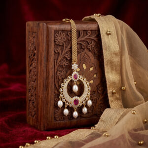 Gold Polish Chandbali Maang Tikka with Freshwater Pearls & Semi-Precious Stones