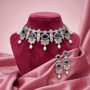 Silver Finish Blue Stone Choker Necklace Set with Freshwater Pearls & Semi-Precious Stones