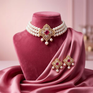 Gold Finish Freshwater Pearl Choker Necklace Set with Ruby Red Semi-Precious Stone