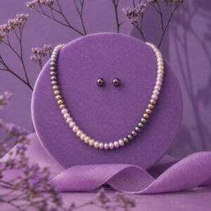 Multicolor Freshwater Round Pearl Single Strand Mala & Stud Earrings Set for Women