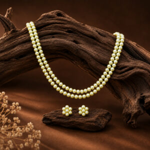 Double Strand Freshwater Round Pearl Mala & Stud Earrings Set for Women