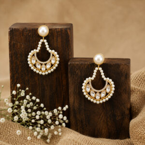 Elegant Pearl & Crystal Gold Tone Chandbali Earrings