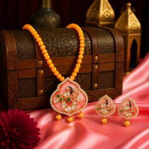 Orange Pearl Shell Necklace Set with Meenakari & Golden Detailing