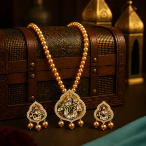 Golden Pearl Shell Necklace Set with Meenakari Detailing