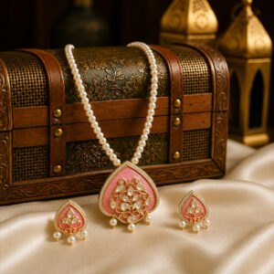 Pink Shell Pearl Necklace Set with Floral Gold Work