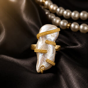 White Pearl Statement Ring with Gold-Tone Detailing