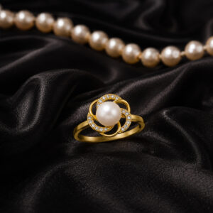 White Freshwater Pearl Floral Crystal Gold-Tone Ring