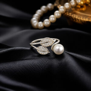 925 Sterling Silver White Freshwater Pearl Leaf Design Ring for Women