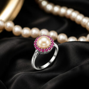 White Pearl & Pink Stone Halo Ring for Women