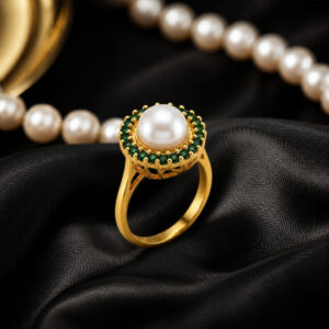 White Pearl & Green Stone  Gold Tone Halo Ring for Women