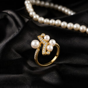 Gold Tone Pearl & Crystal Designer Ring for Women