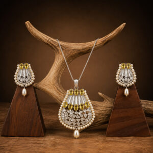 Elegant Pearl & Yellow Stone Pendant Set with Matching Earrings