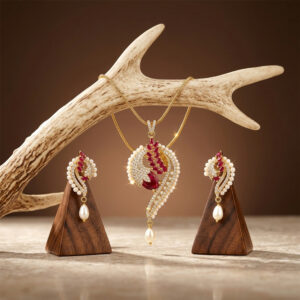 Elegant Red Crystal & Pearl Paisley Pendant Set with Matching Earrings Without Chain