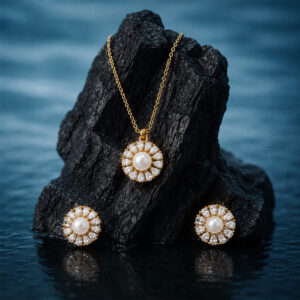 Elegant Pearl & Crystal Flower Pendant with Matching Stud Earrings