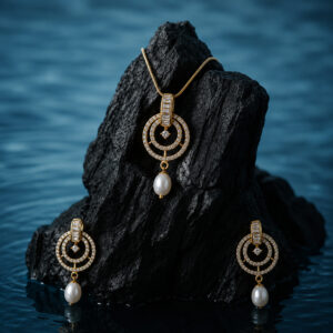 Elegant Crystal & Pearl Circular Pendant Set with Matching Earrings – Chain Not Included