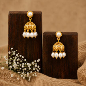 Elegant Gold Polish Freshwater Pearl Jhumka Earrings